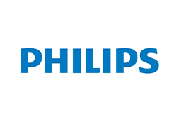the philips logo is blue and white on a white background .
