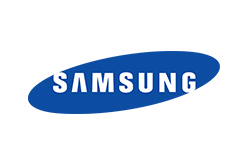 the samsung logo is blue and white on a white background .