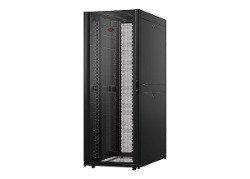 a black server rack with a mesh door on a white background .