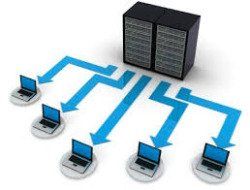 a group of laptops are connected to a server .