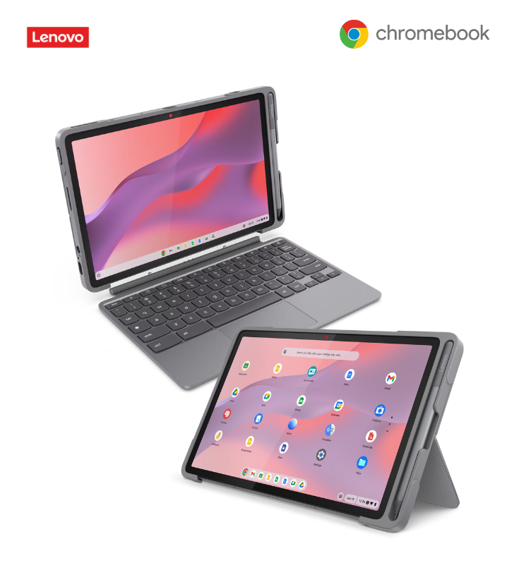 a lenovo chromebook laptop with a tablet attached to it .