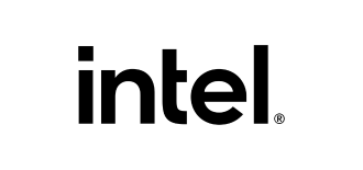 the intel logo is black and white on a white background .