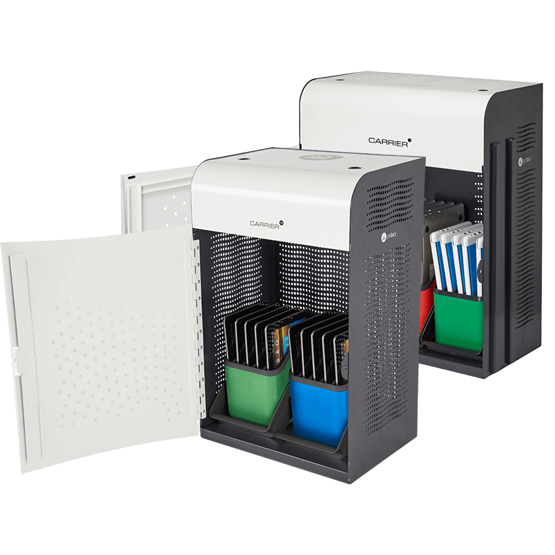 a pair of charging stations with the door open .