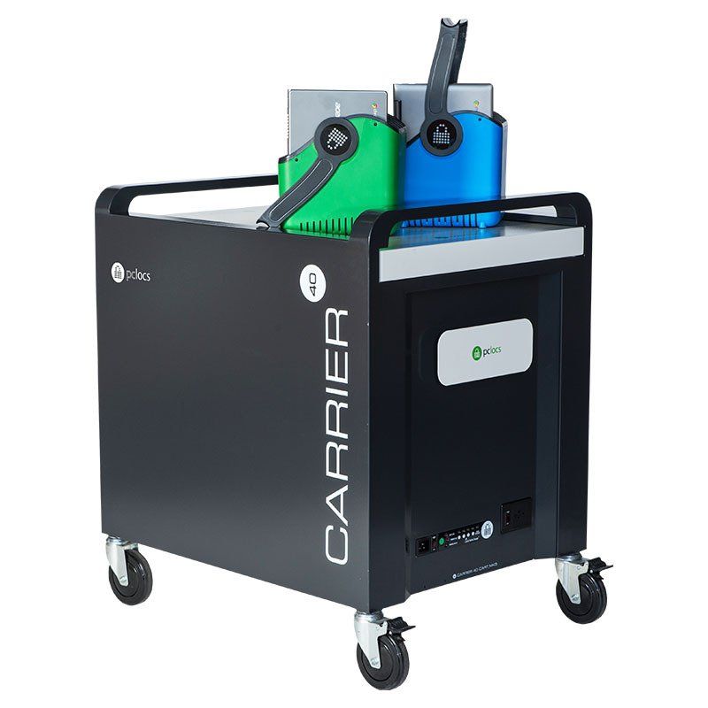 a carrier cart with two laptops on it .