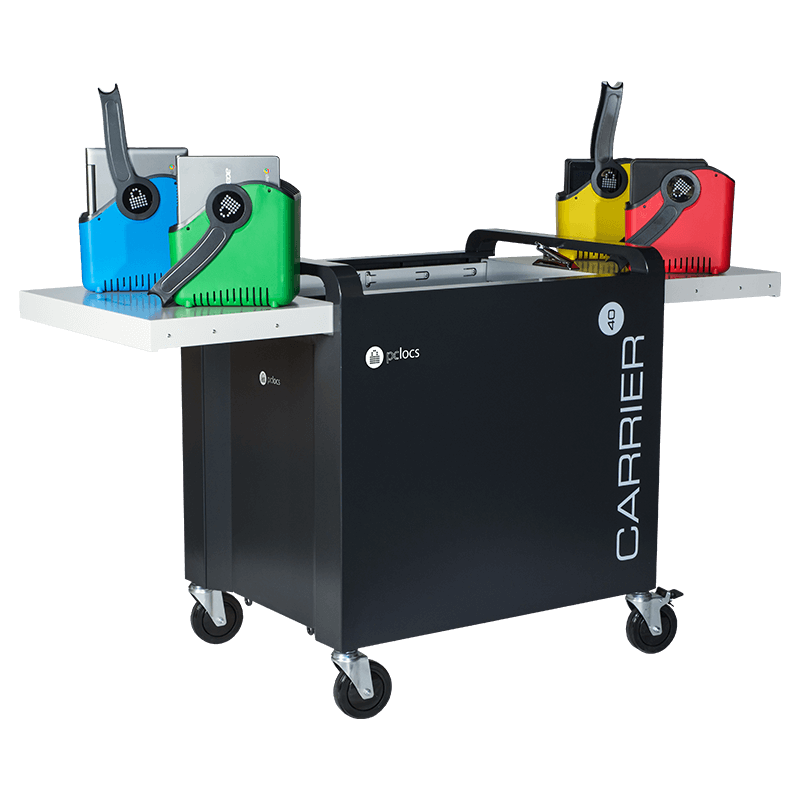 a carrier cart with three laptops on it