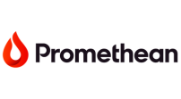 a logo for promethean with a red flame on a white background .