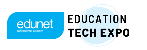 the edunet education tech expo logo is blue and black .