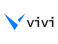 a logo for a company called vivi with a blue triangle on a white background .