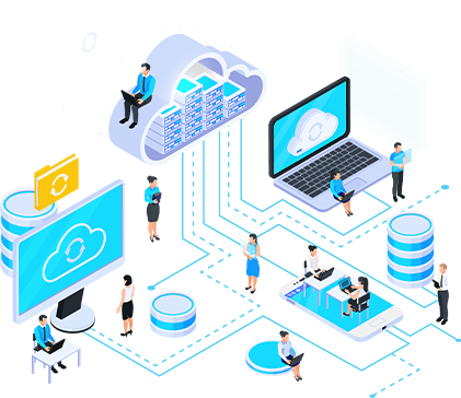 it is an isometric illustration of a cloud computing system .