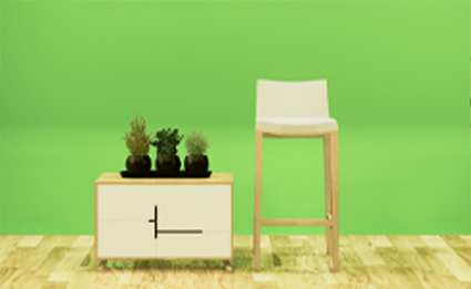 a chair is sitting next to a dresser with potted plants on it .