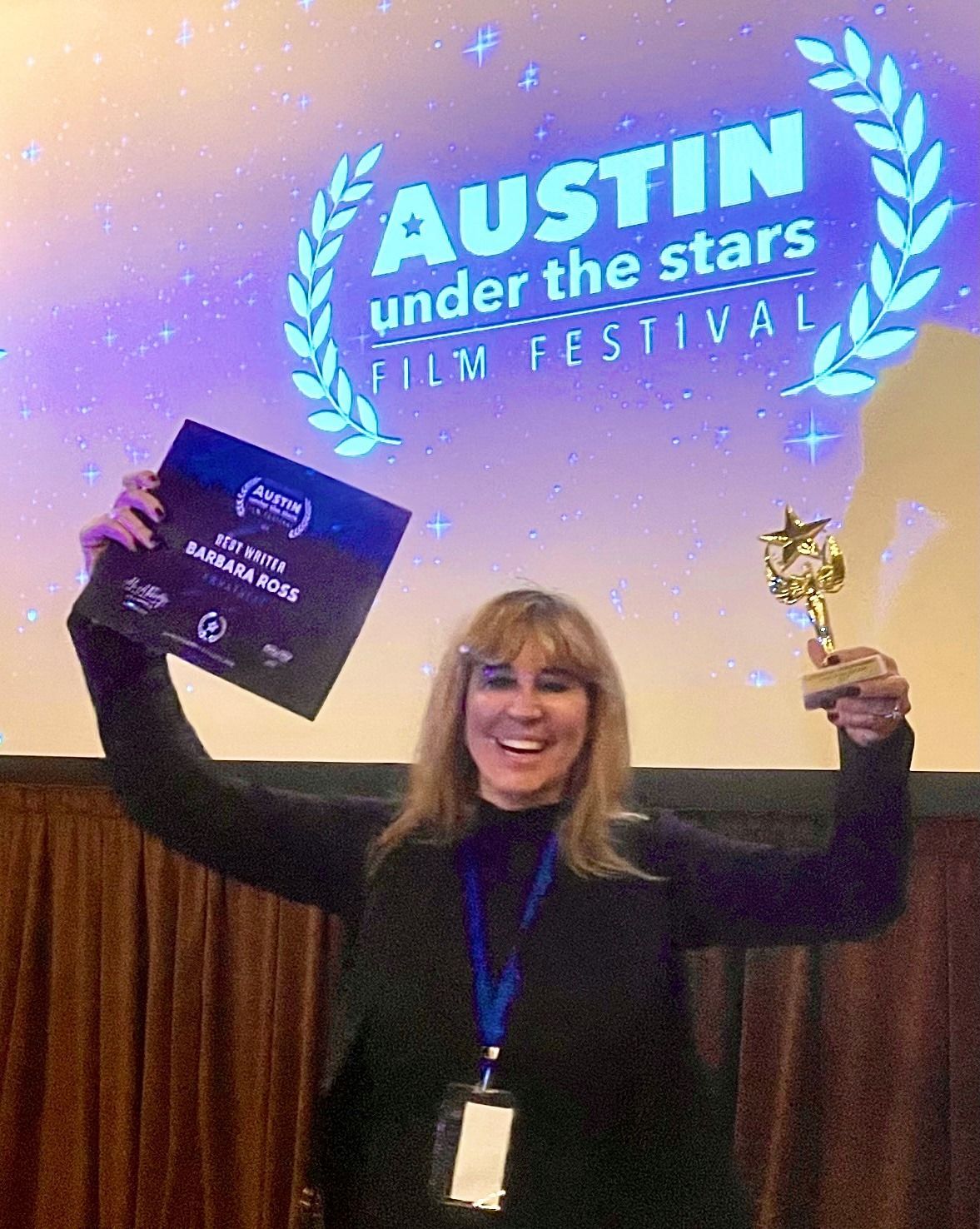 Barbara Ross wins trophy Austin under the Stars Film Festival