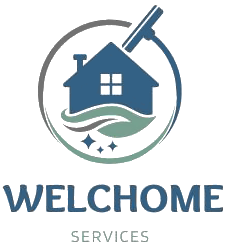 Un logo per i servizi di accoglienza con una casa e un lavavetri.