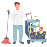 Un addetto alle pulizie tiene in mano uno spazzolone e un carrello pieno di prodotti per la pulizia.
