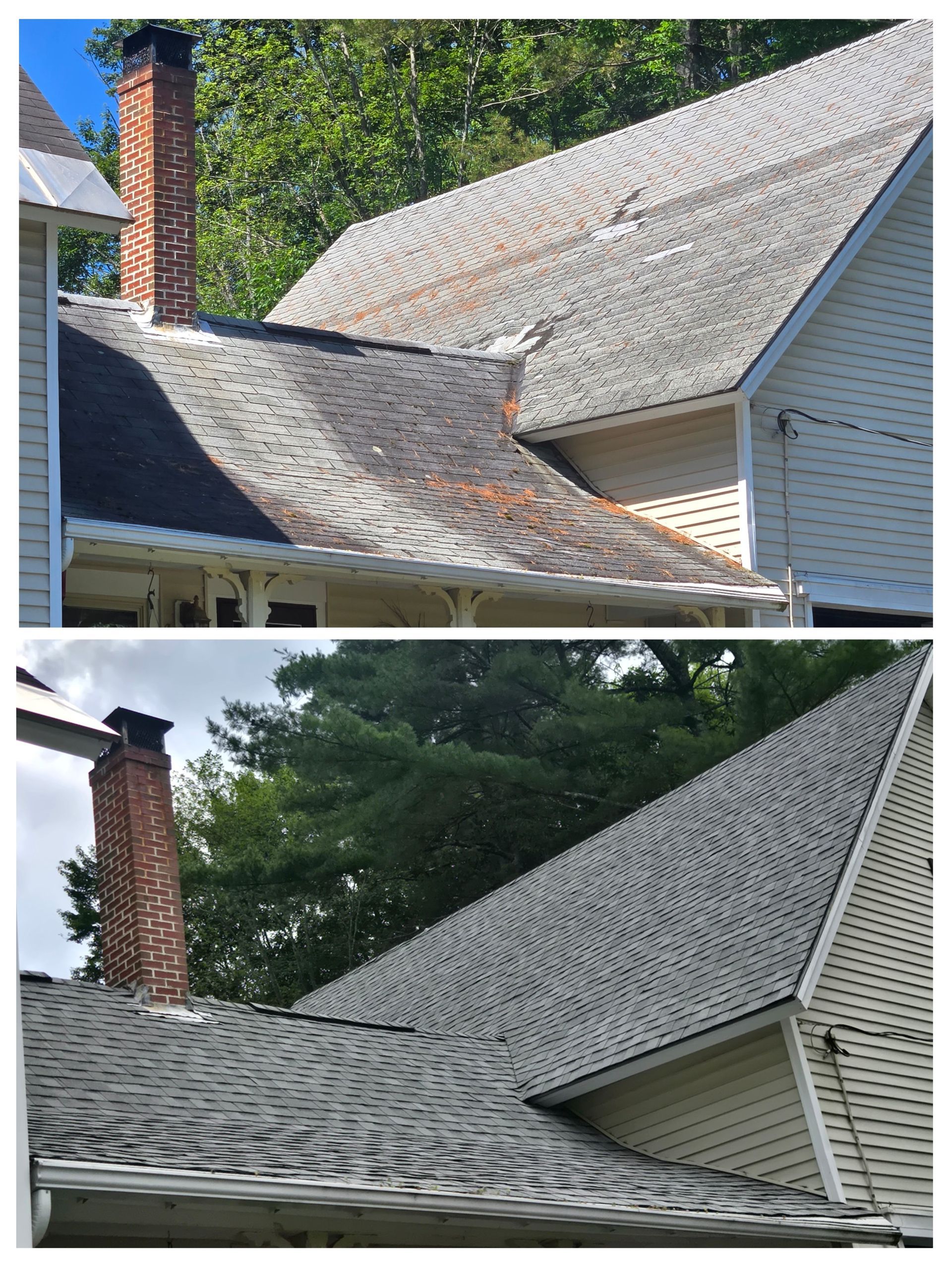 The roof of a house has a lot of shingles on it.