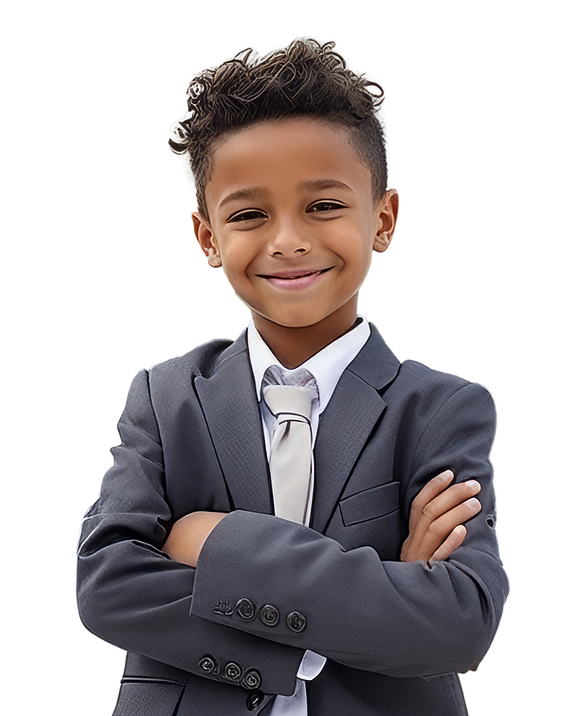 A young boy in a suit and tie with his arms crossed