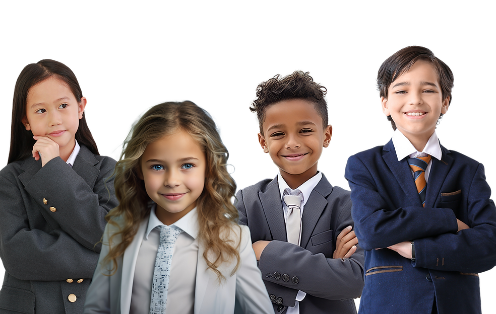 A group of children wearing suits and ties are posing for a picture.