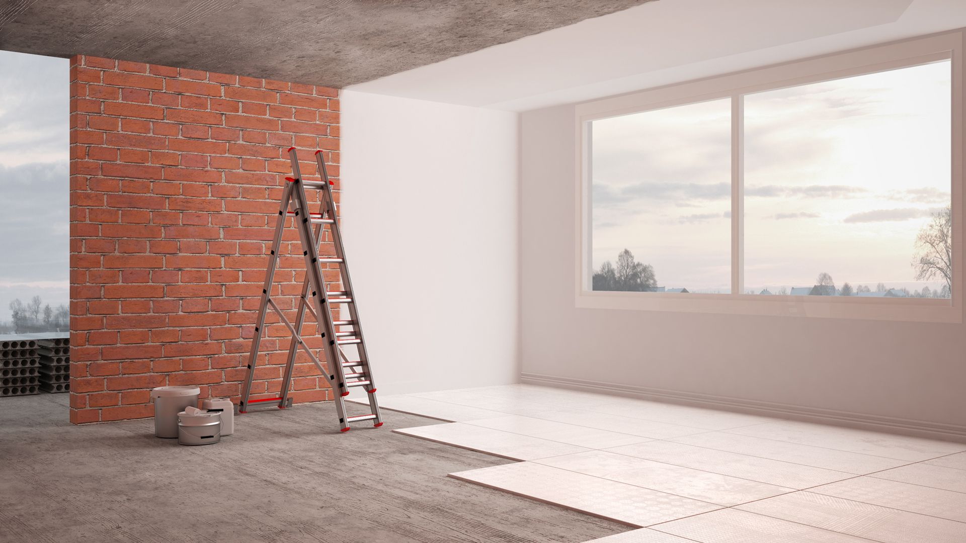 An unfinished room with a brick accent wall, a wooden ladder, and partial white floor tiling under a large window.