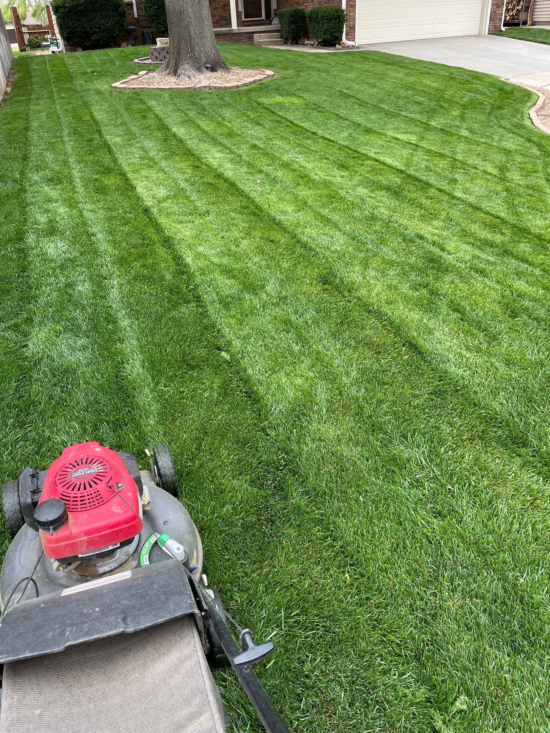 a lawn mower is cutting a lush green lawn in front of a house .