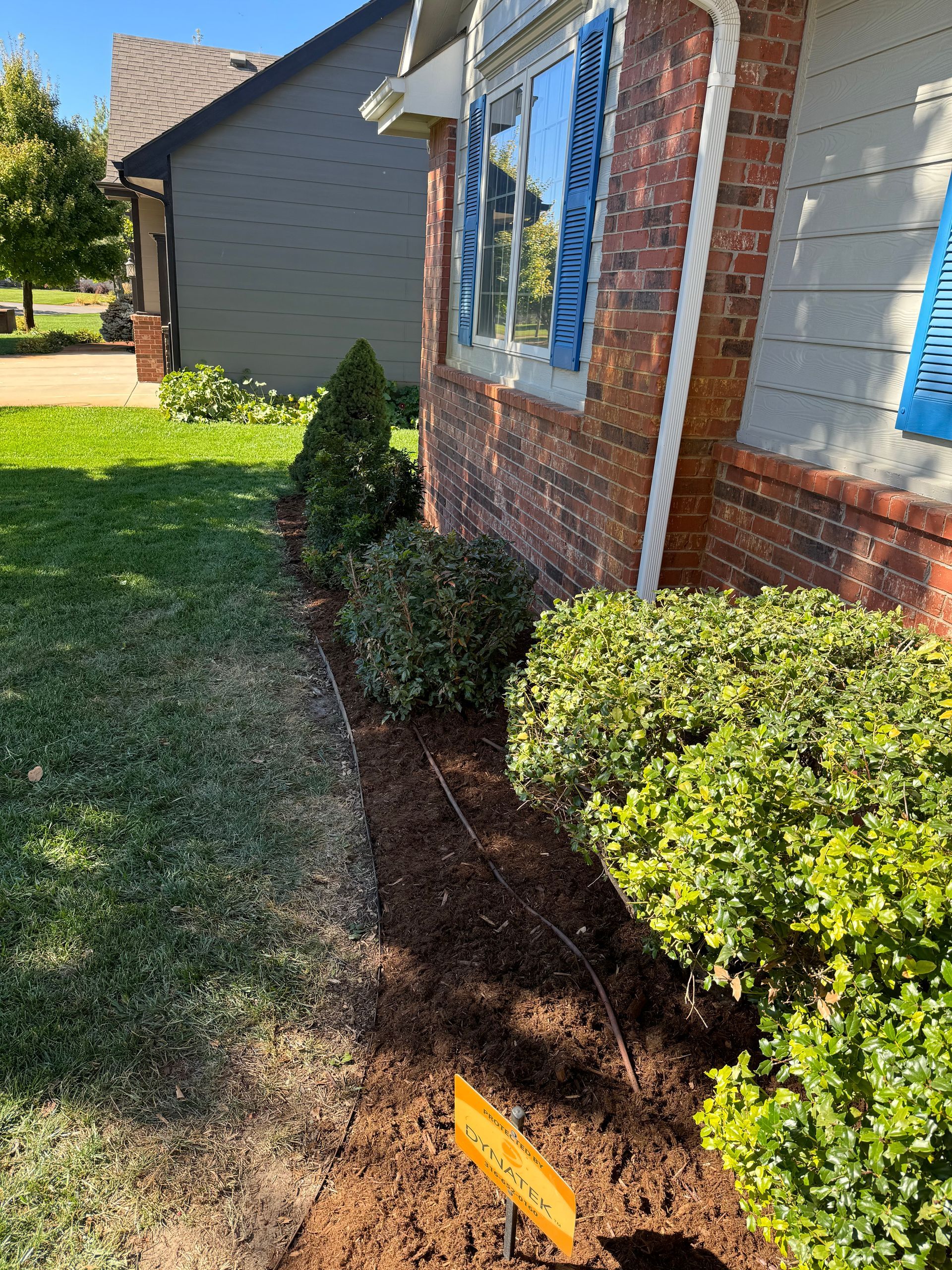 a brick house with blue shutters and bushes in front of it .