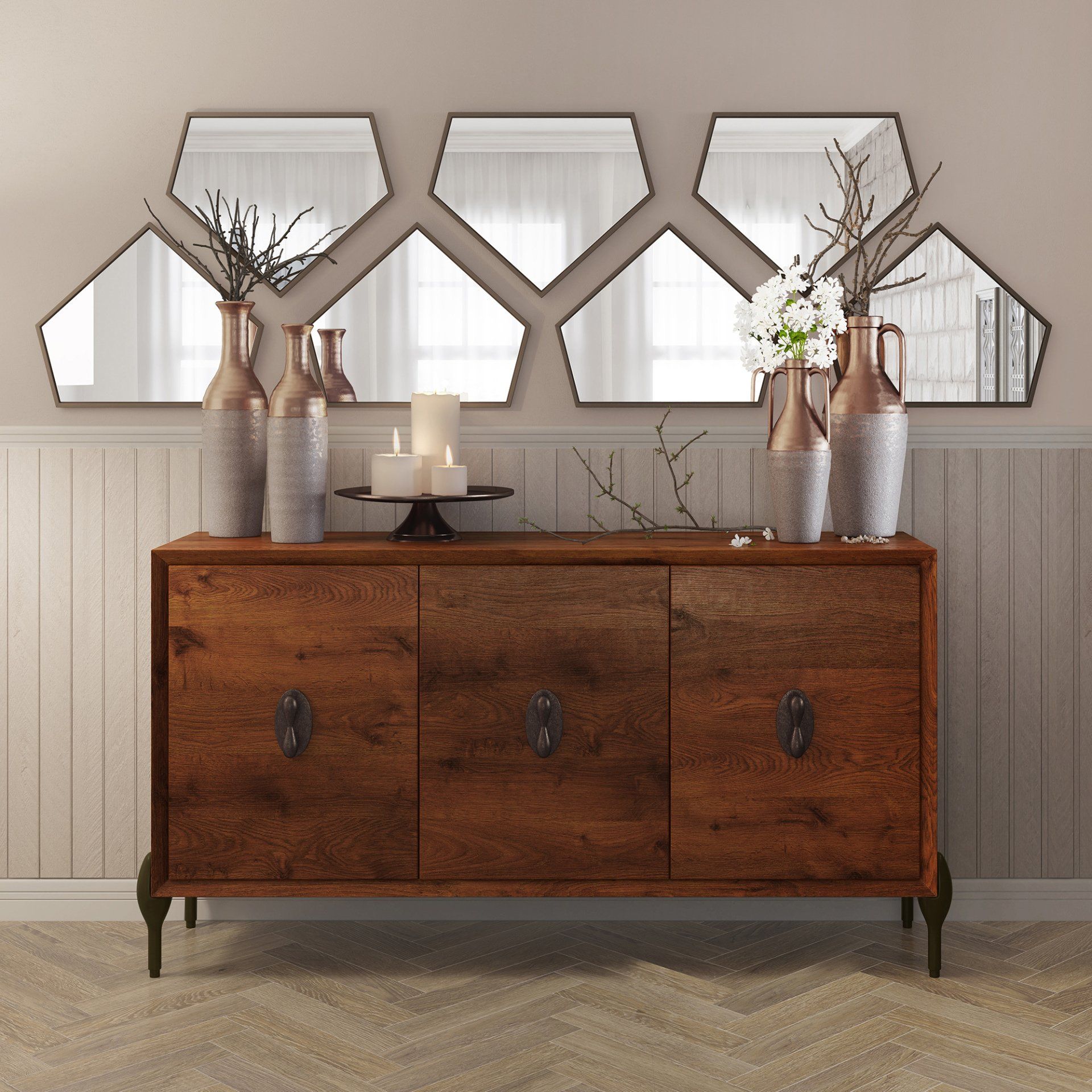 Cabinet with candles, vases, flowers, and branches on top of it in Laredo, TX