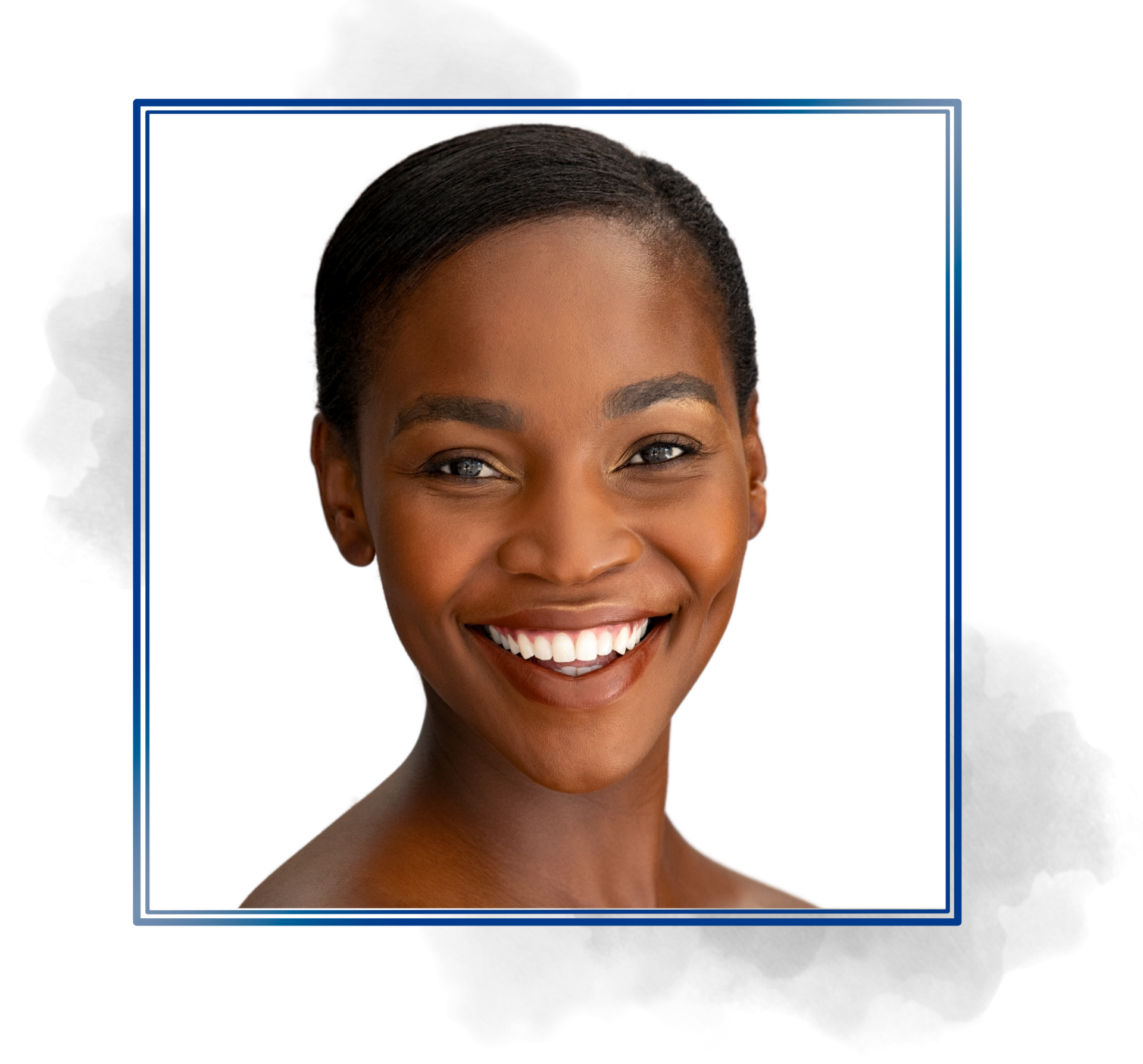 A woman is smiling in a blue frame on a white background