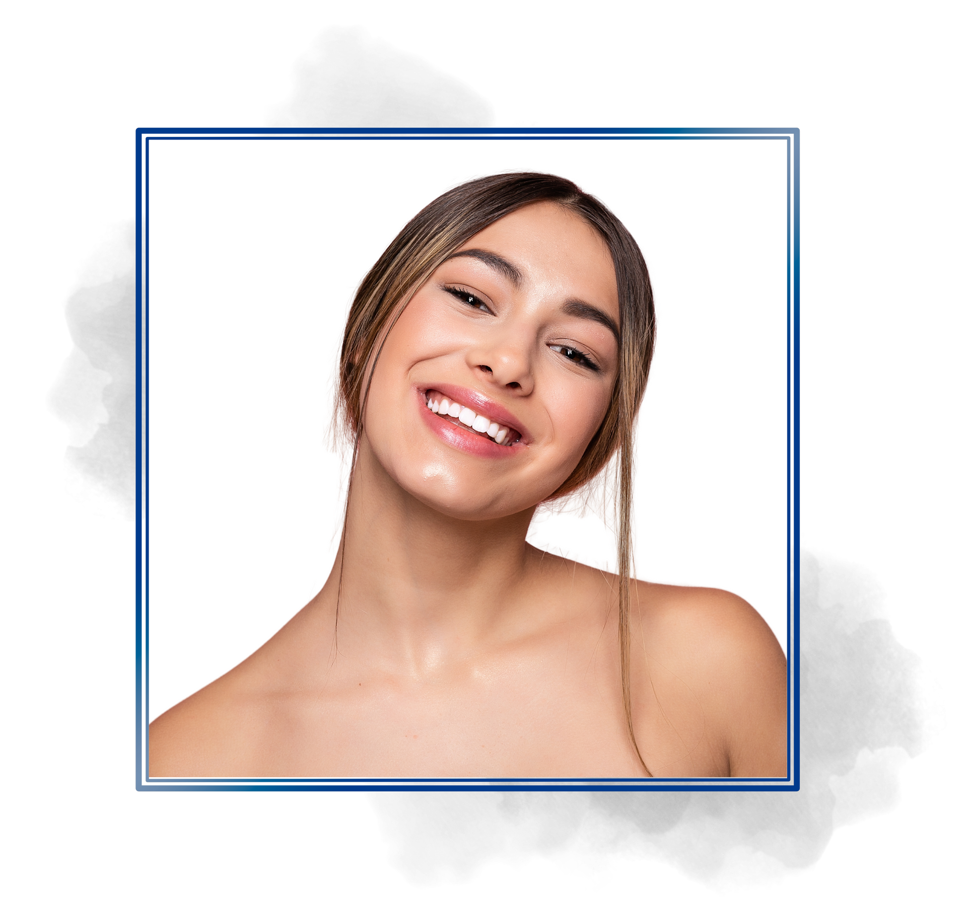 A woman is smiling for the camera in a blue frame.