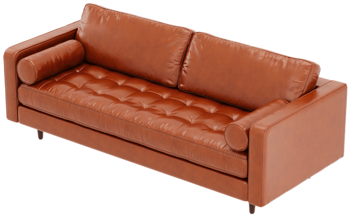Brown leather sofa with tufted seat and cylindrical armrests.