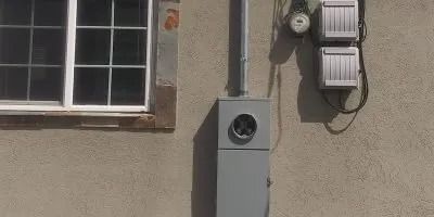 There is a meter on the side of a building next to a window.