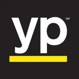 A white letter yp with a yellow stripe on a black background.