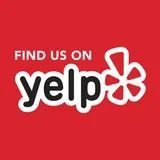 The yelp logo is on a red background and says `` find us on yelp ''.