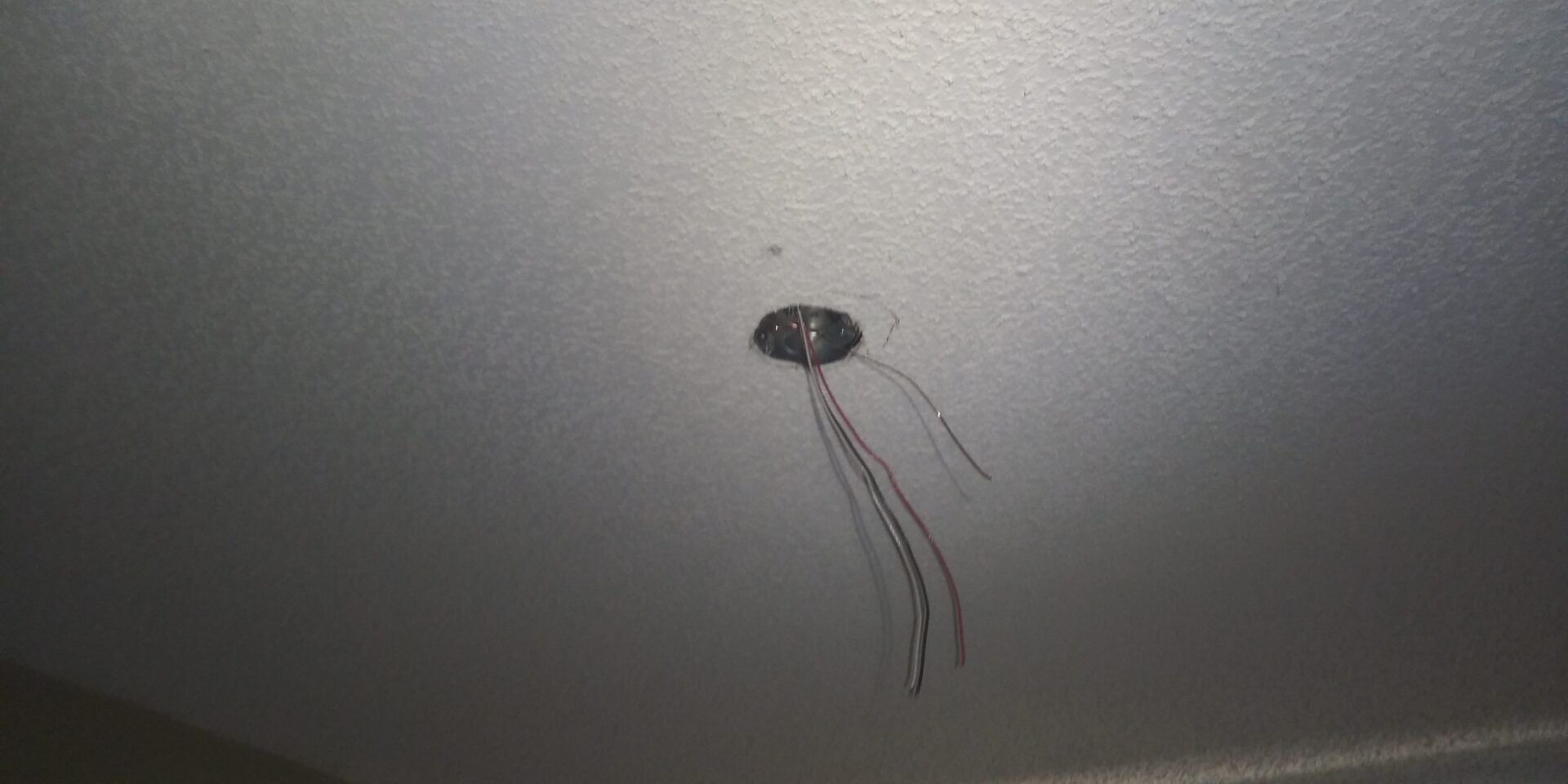 A close up of a spider on a ceiling with a hole in it.