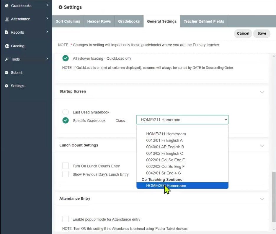 TeacherPlus Gradebook Startup Screen Settings
