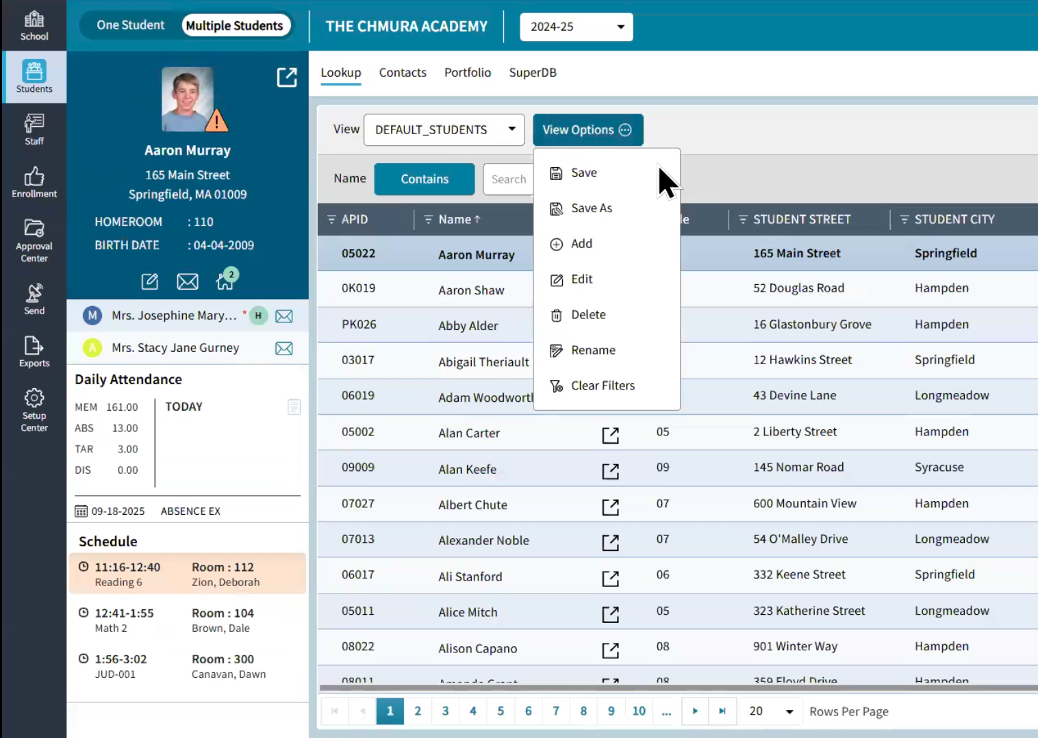 AdminPlus Student Database with Options to Add and Manager Saved Views