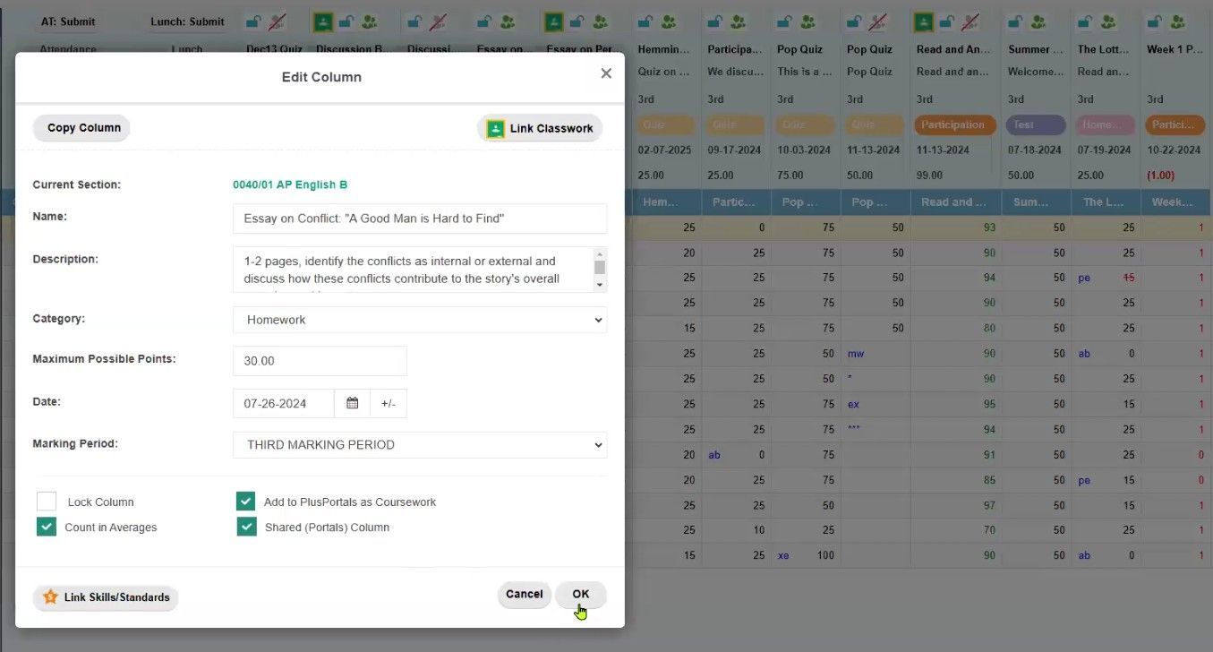 TeacherPlus Gradebook Edit Column Settings