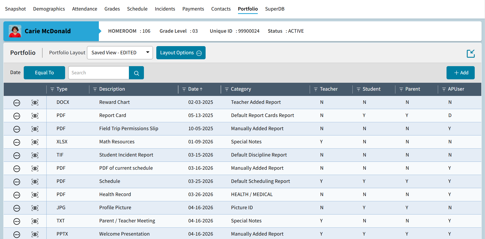 AdminPlus Student Portfolio View