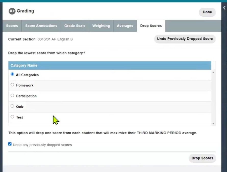 TeacherPlus Gradebook Drop Scores Settings
