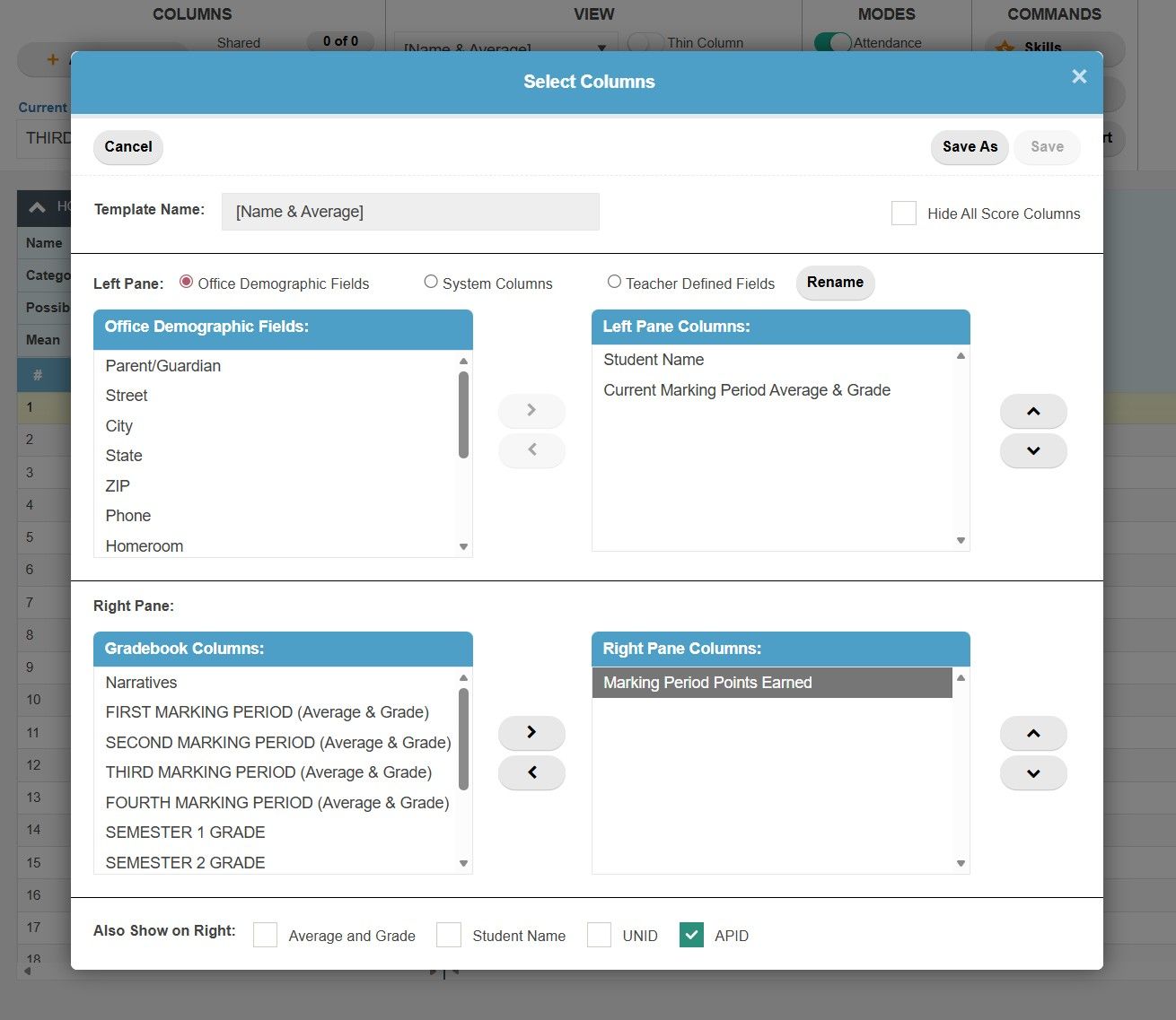 TeacherPlus Gradebook Marking Period Points Earned Selection for Columns