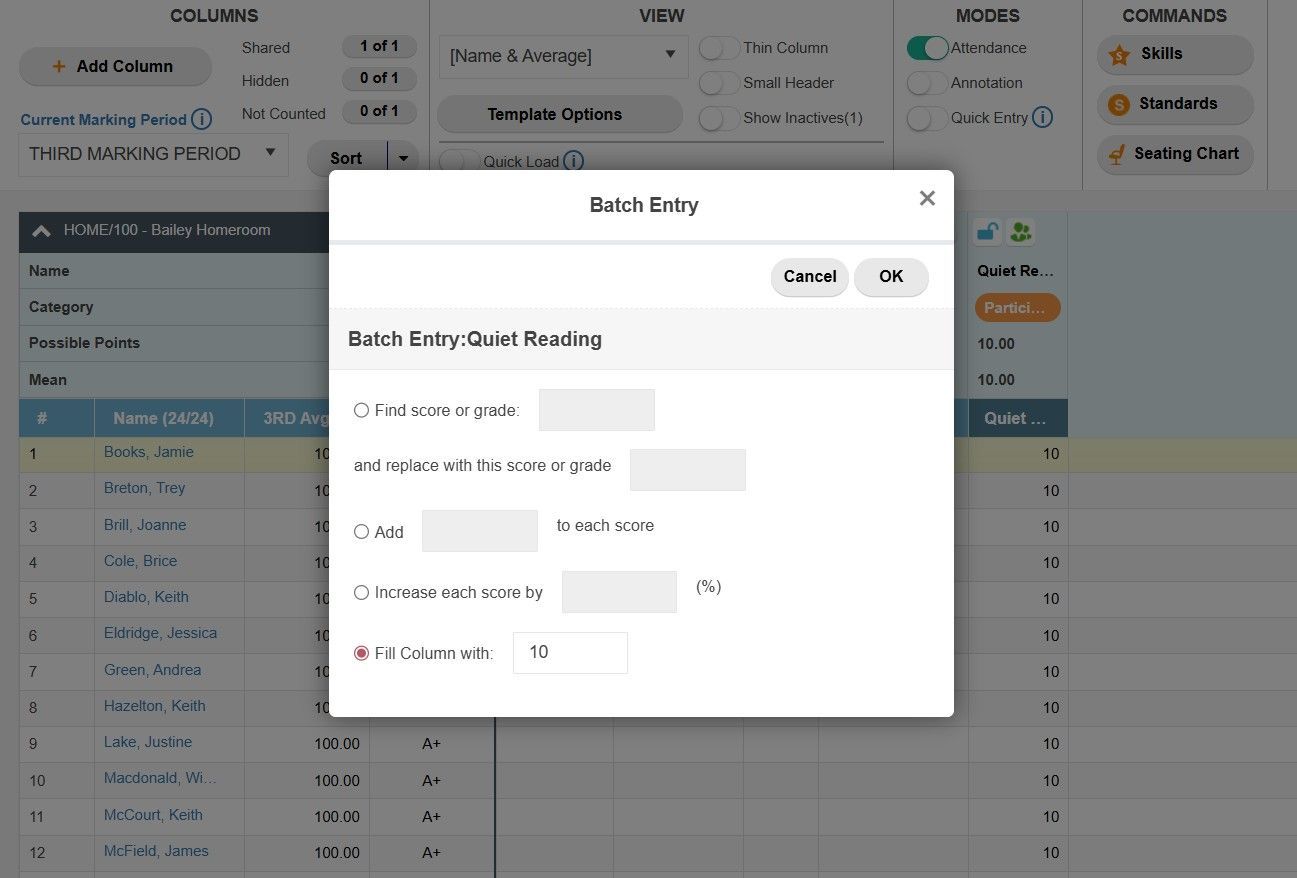 TeacherPlus Gradebook Batch Entry Options