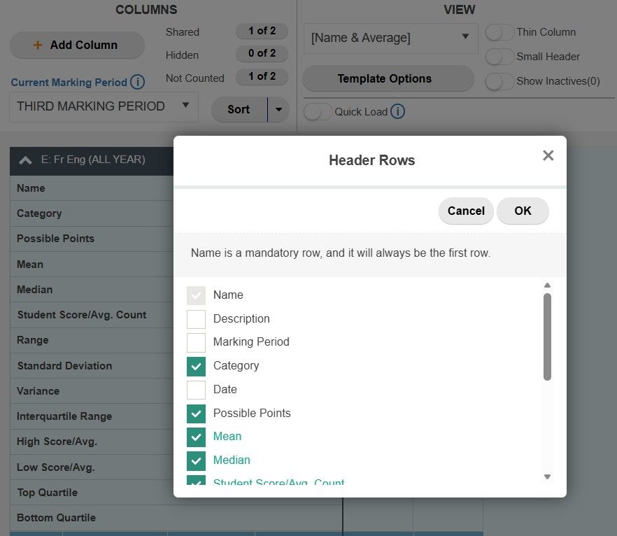 TeacherPlus Gradebook Header Row Options