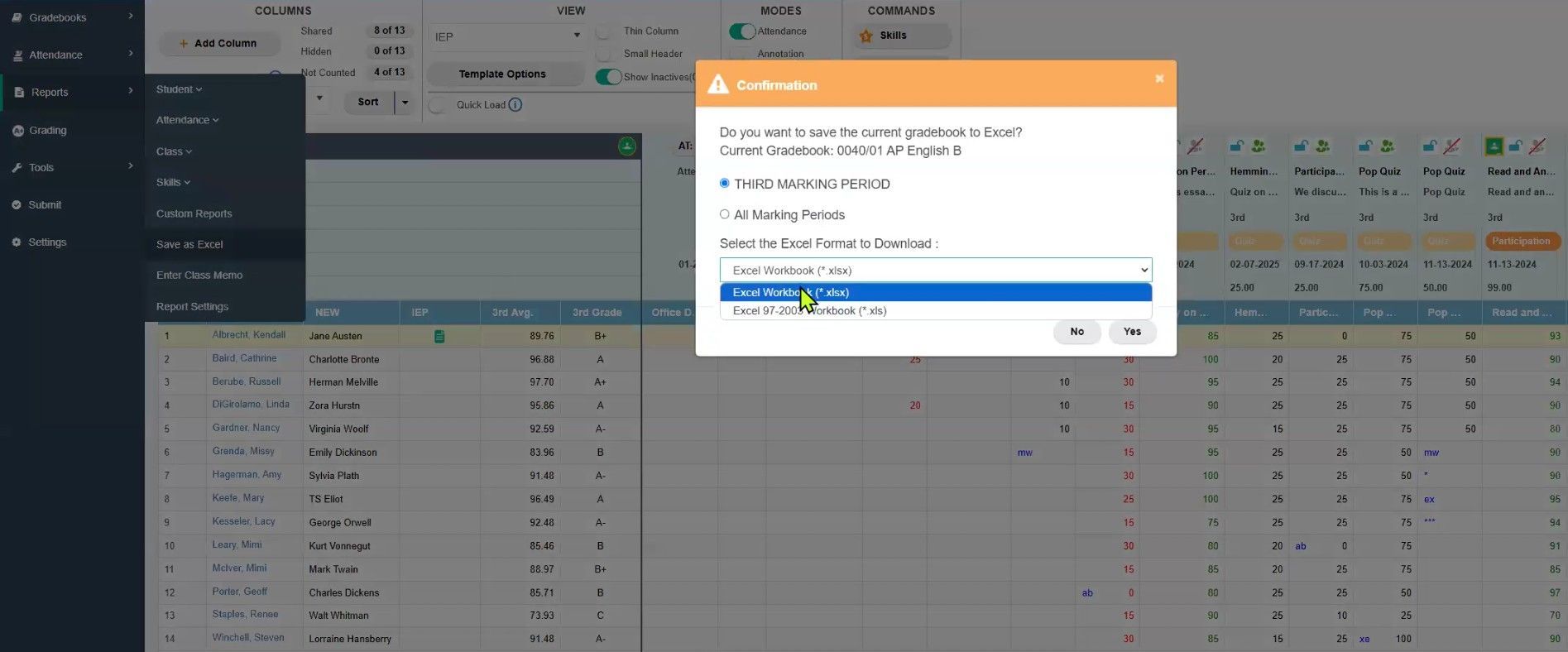 TeacherPlus Gradebook Excel Export Options