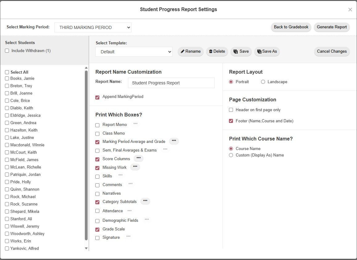 TeacherPlus Gradebook Progress Report Settings