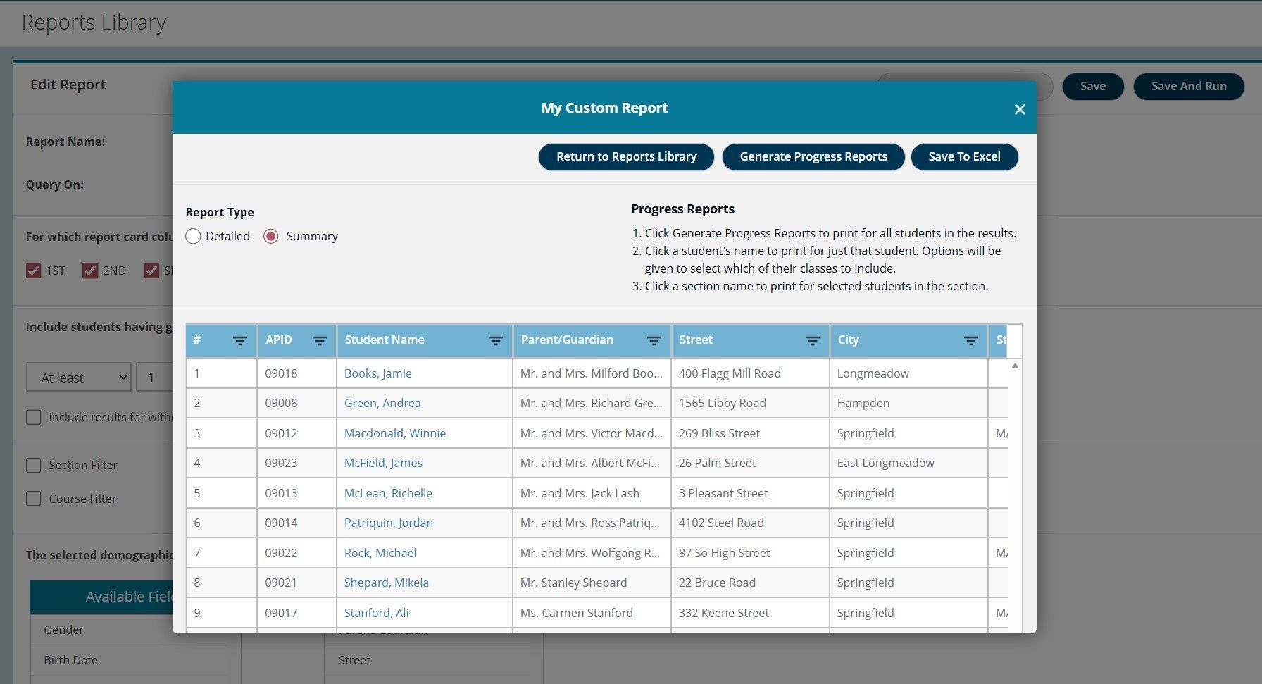TeacherPlus Gradebook Show Single Student Row of Data