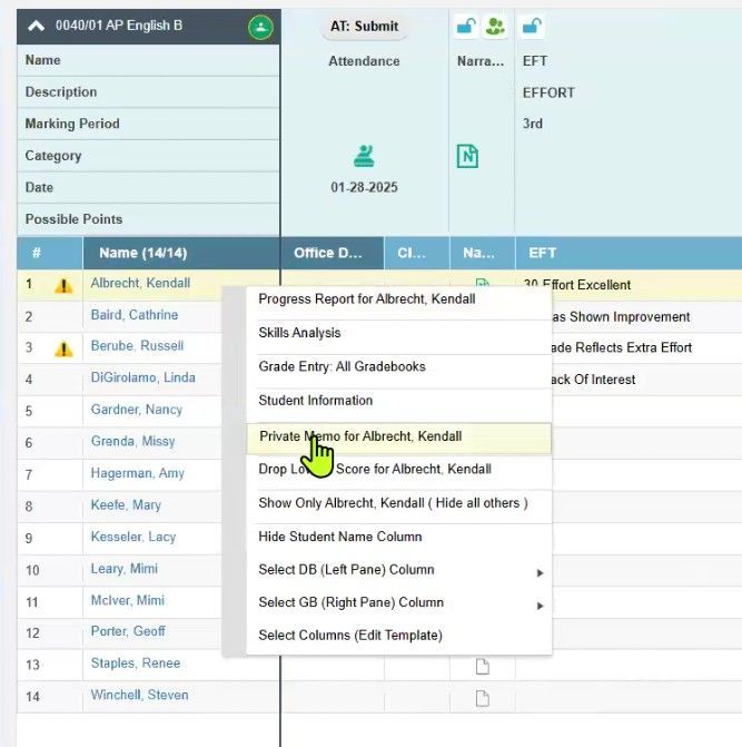 TeacherPlus Gradebook Enter a Private Memo