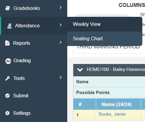 TeacherPlus Gradebook Attendance Weekly View Menu Options
