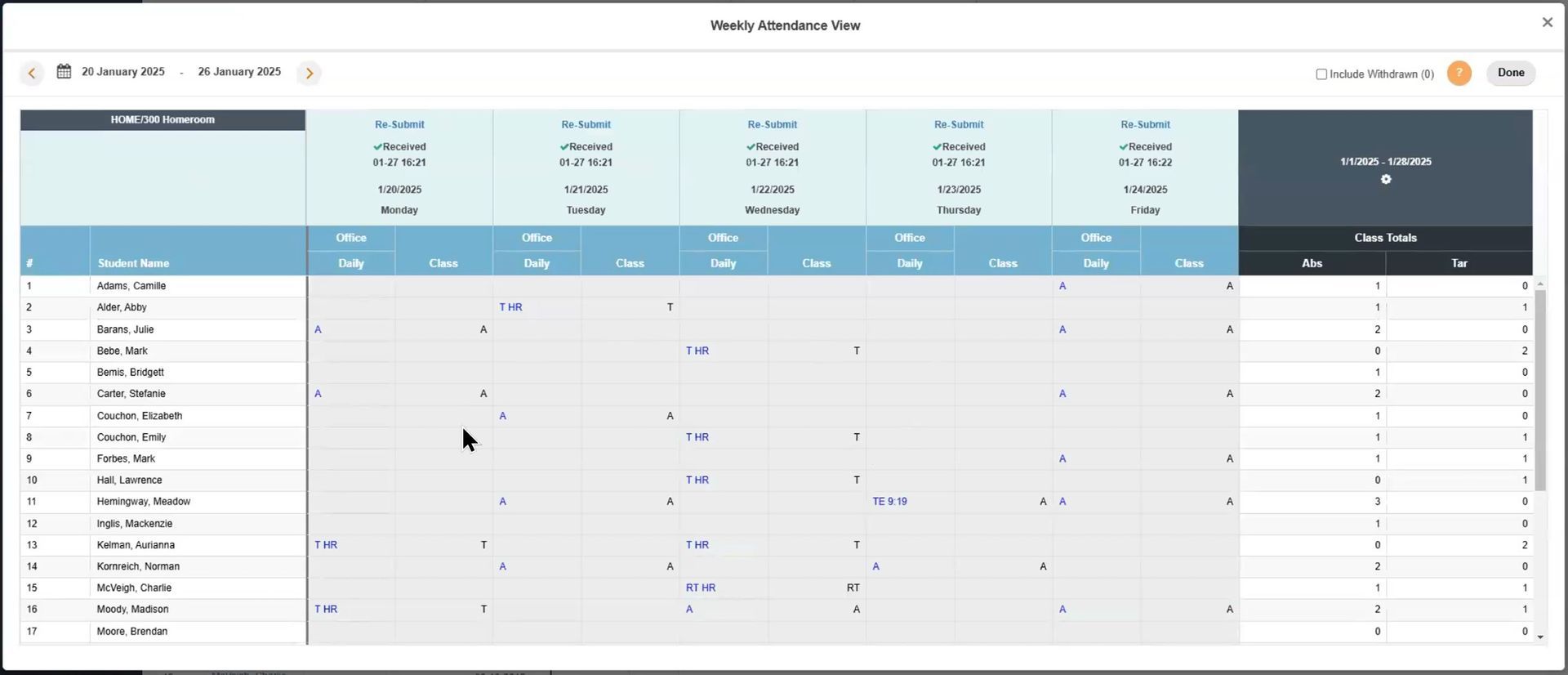 TeacherPlus Gradebook Weekly Attendance View