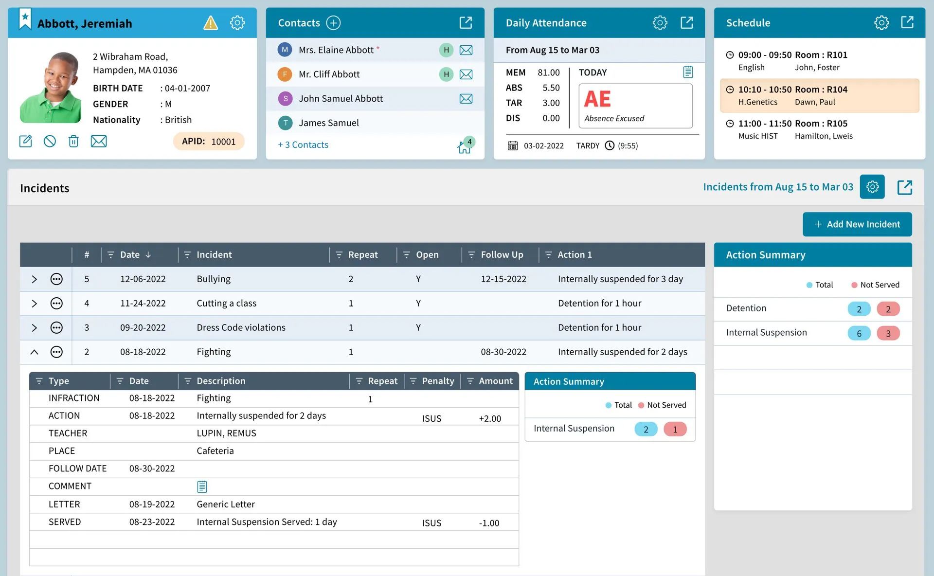 Student Incidents Record in AdminPlus