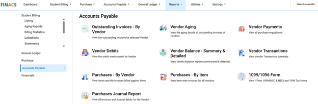 FINACS Core Accounting Reporting for Accounts Payable