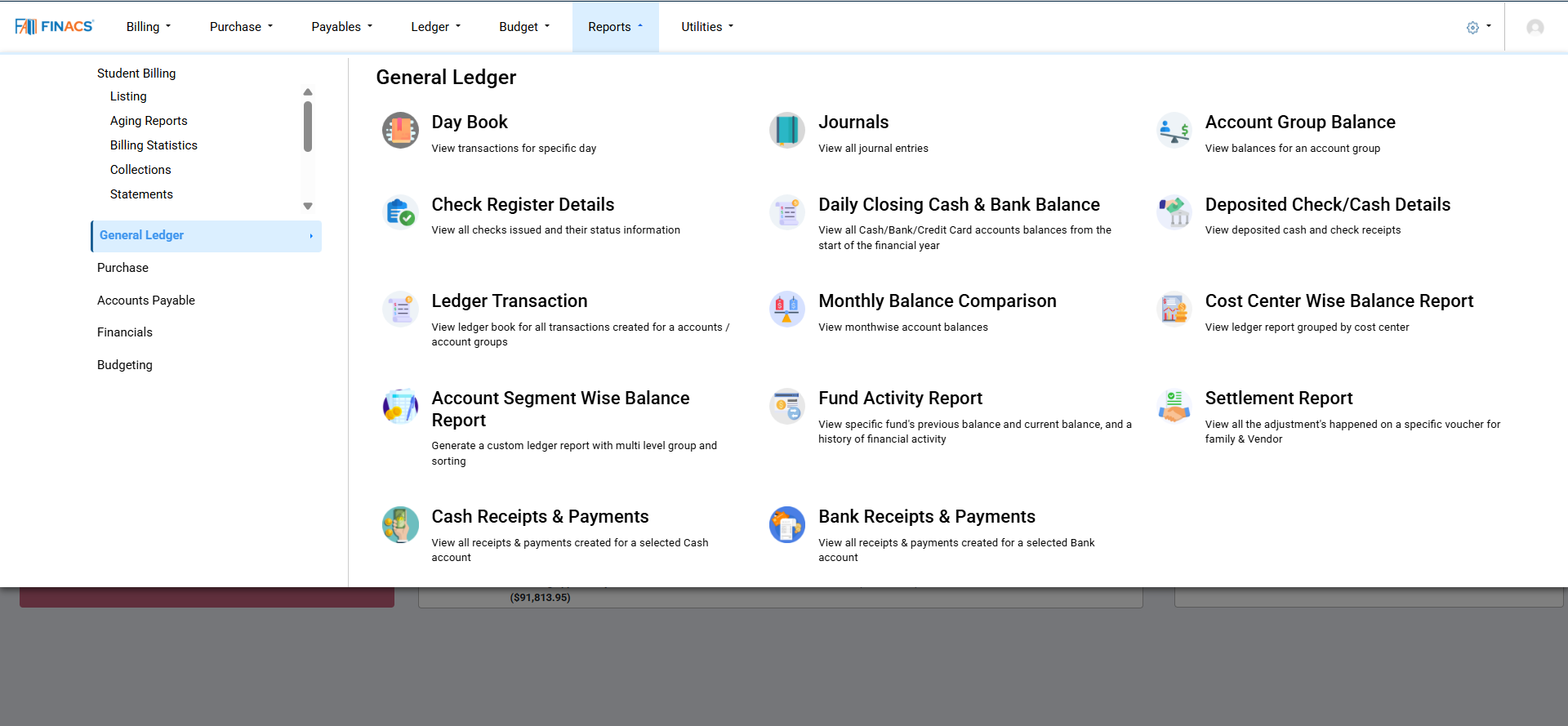 FINACS Core Accounting Reporting for General Ledger