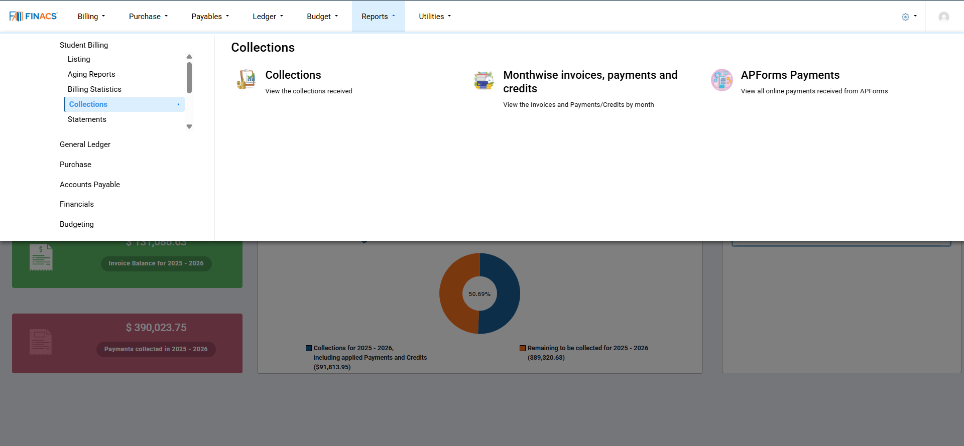 A window with a file menu open, and dashboard showing a pie chart.