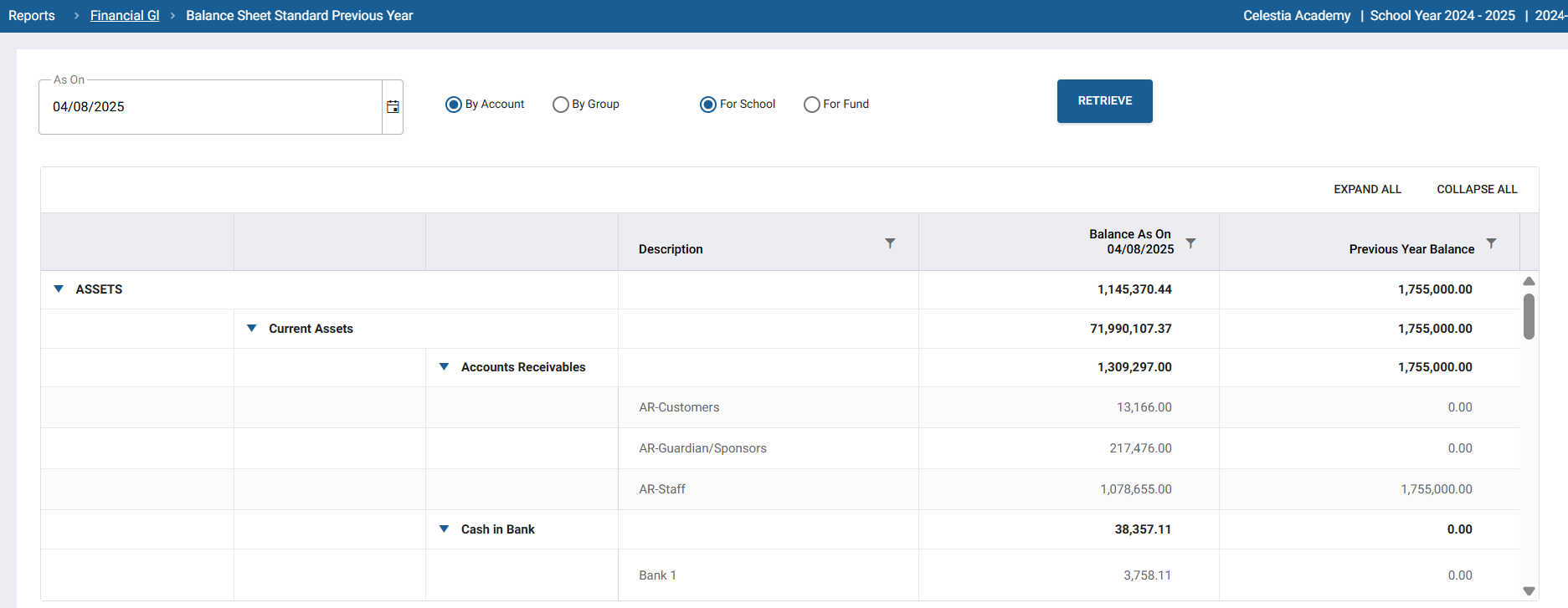FINACS Core Accounting Balance Sheet